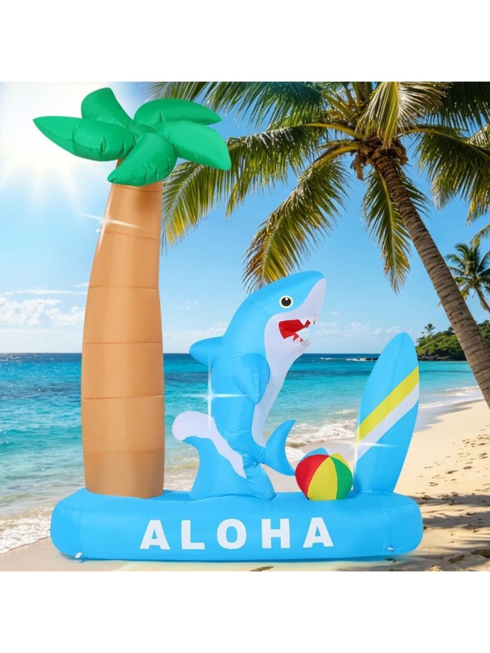 Inflatable Shark Yard Decoration - 7.4 FT with Palm Tree, Surfboard & LED Lights